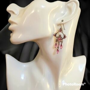 3/$30 VTG 90s Silvertone Pink Rhinestone Floral Chandalier Earrings